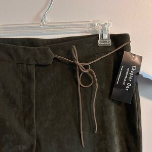 Y2K Chapter One Dark Green Suede Straight Leg Pants with Drawstring and Zipper